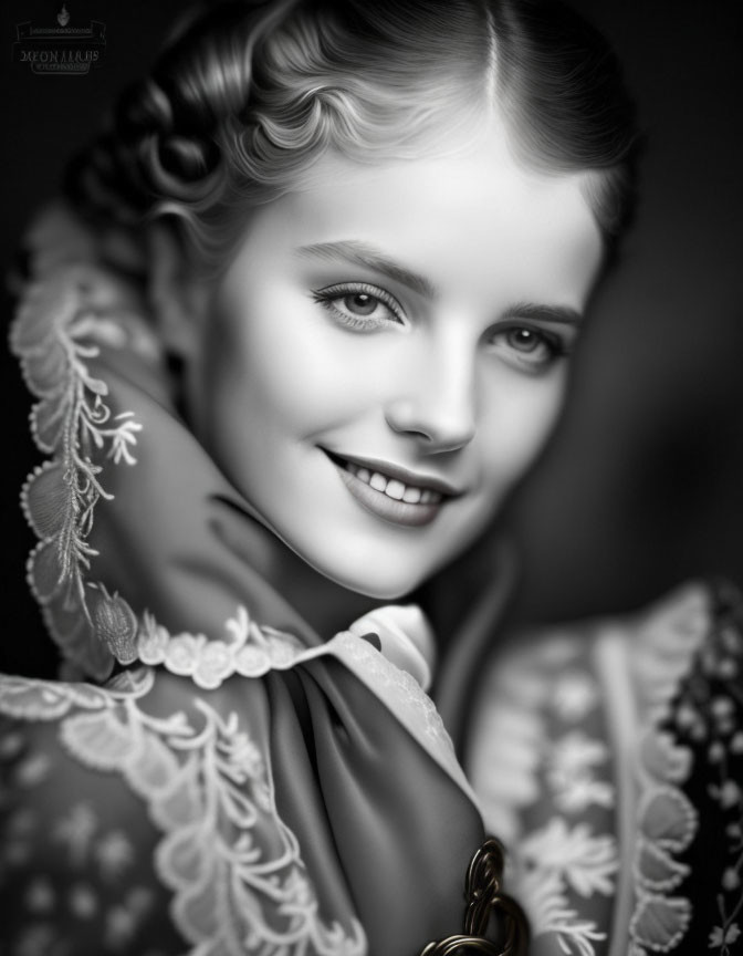 Smiling woman with braided hair in lace outfit and brooch