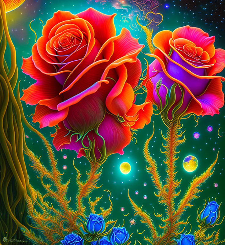 Colorful digital artwork: Roses with psychedelic aura in red and purple hues on green backdrop