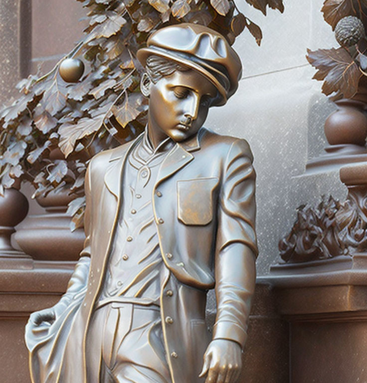 Vintage bronze statue of young person in uniform against leafy backdrop