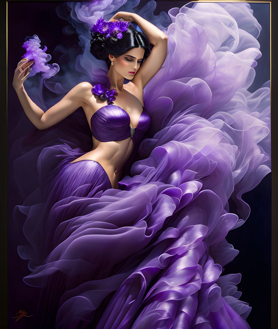 Woman in Purple Flowing Dress and Floral Headpiece Surrounded by Purple Smoke