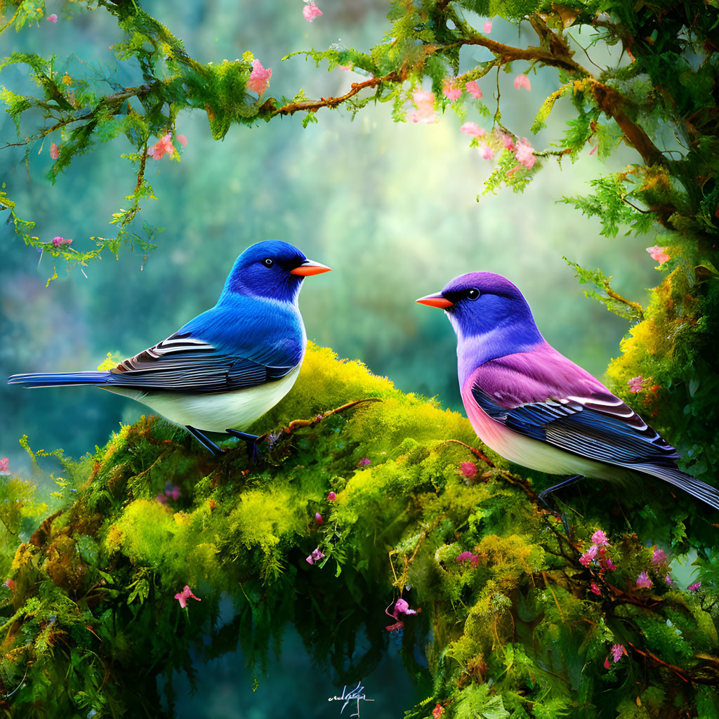 Colorful Birds Perched on Mossy Branch with Pink Flowers in Forest Setting