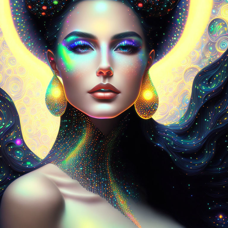 Digital Artwork: Woman with Blue Eyes and Cosmic Background