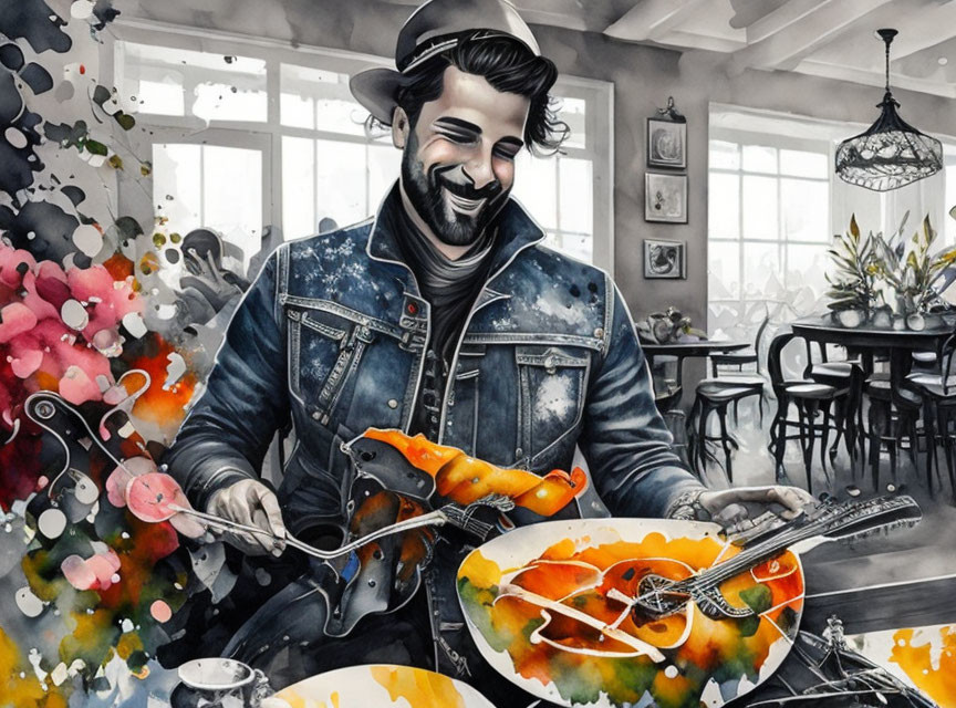 Bearded man in denim jacket mixes paint on palettes in whimsical scene