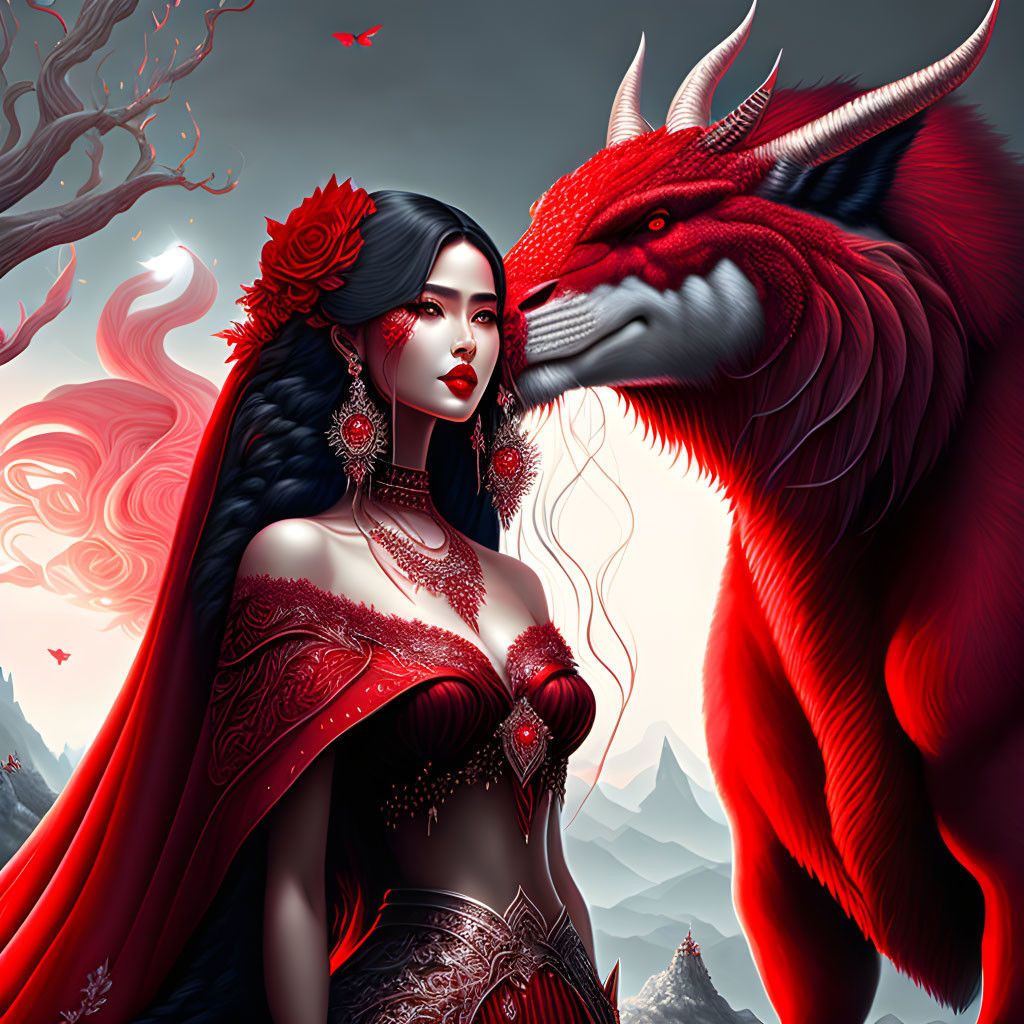 Woman in red attire with mythical red wolf against mountainous backdrop.