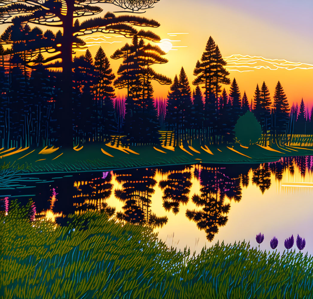 Serene lakeside sunset graphic with reflections, pine trees, and gradient sky