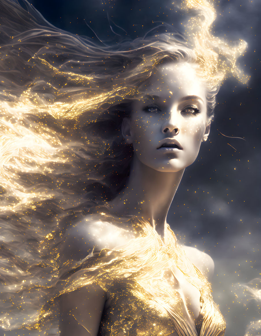 Golden-haired woman in sparkling attire under starry sky