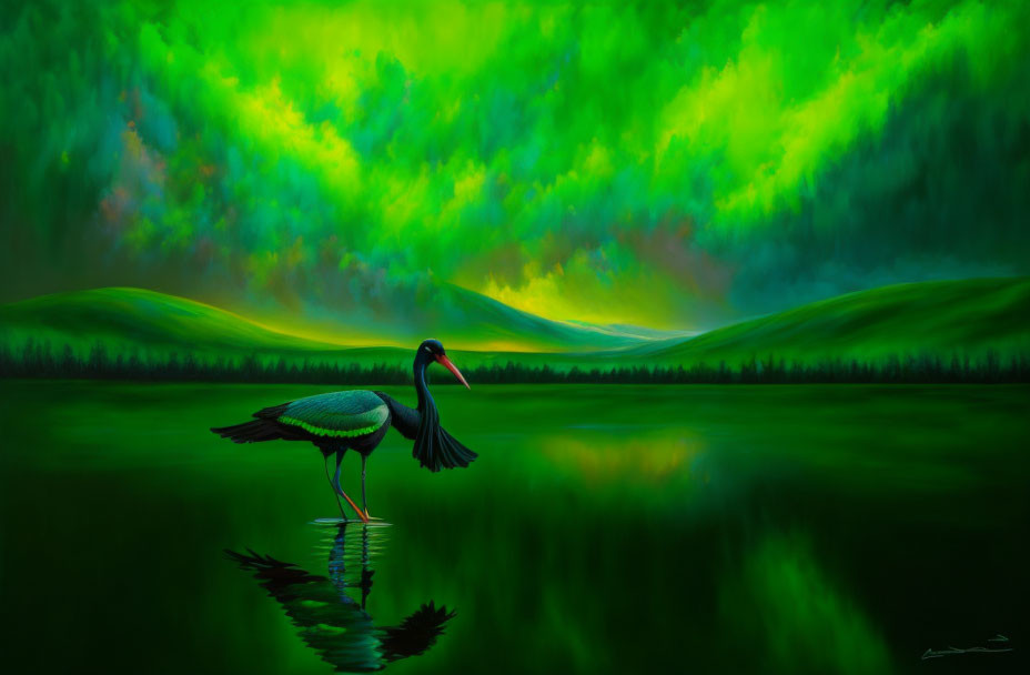 Tranquil landscape with stork by reflective lake under green aurora-lit sky