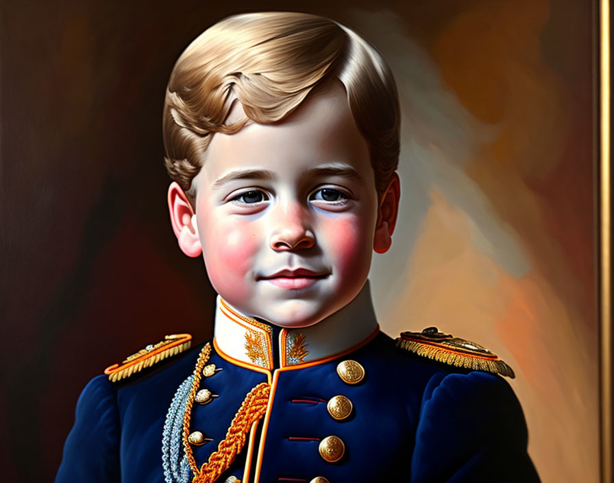 Stylized portrait of young child in blue military-style jacket