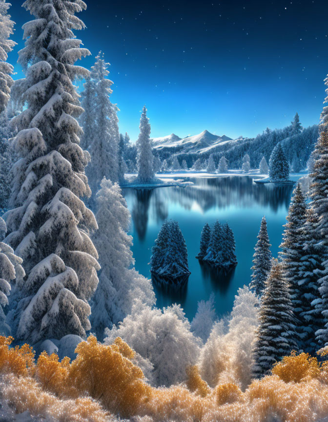 Snow-covered trees, calm lake, mountains under starry sky