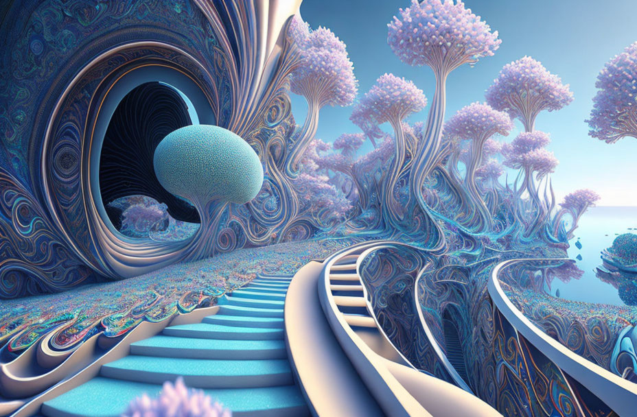 Surreal fractal landscape with spiral structure and alien trees