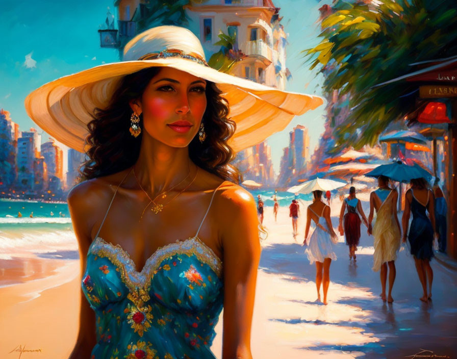 Woman in large sunhat and blue dress strolling on beachfront promenade.