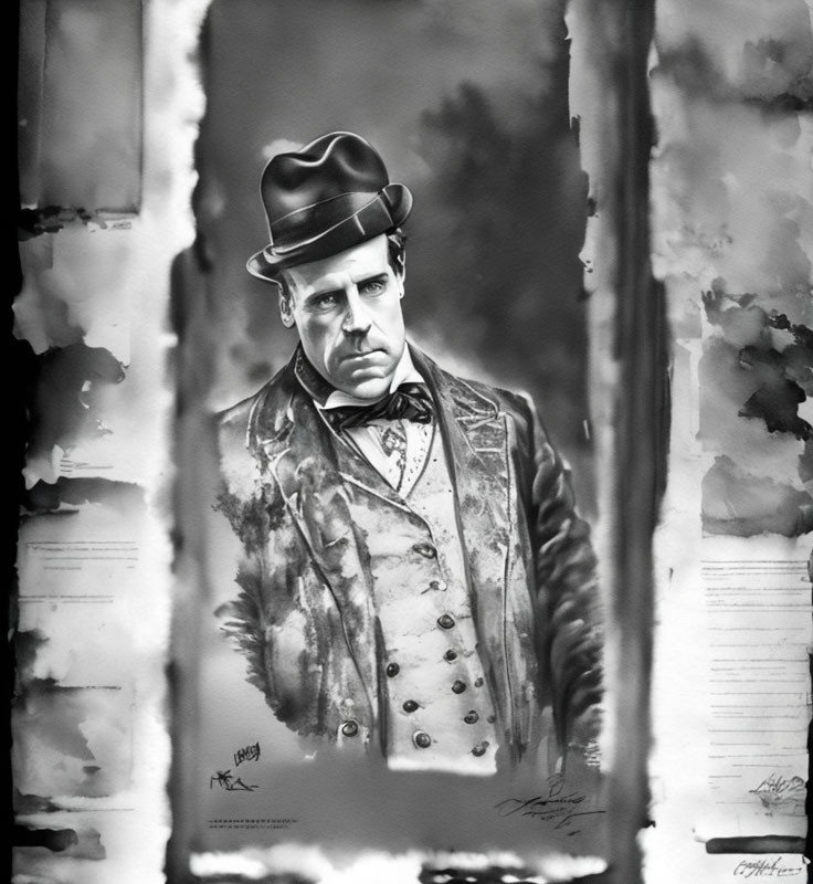 Monochrome artwork of stern man in vintage attire with abstract background