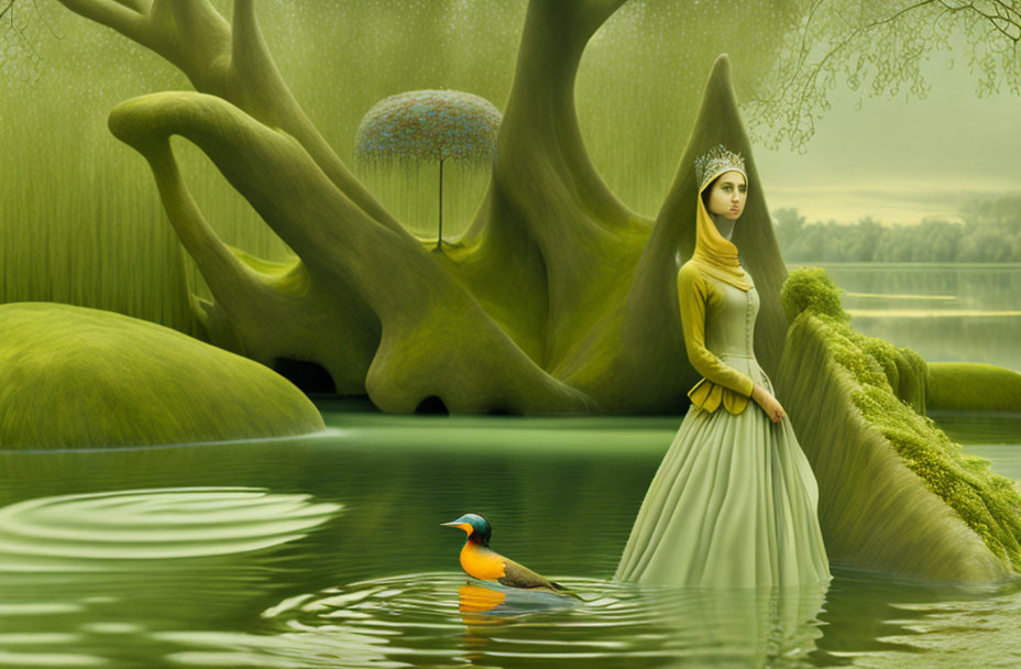 Elegant queen in green dress by mystical tree in surreal fantasy scene