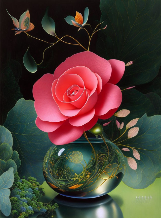 Detailed Illustration of Large Pink Rose in Bloom with Gold-Patterned Green Vase