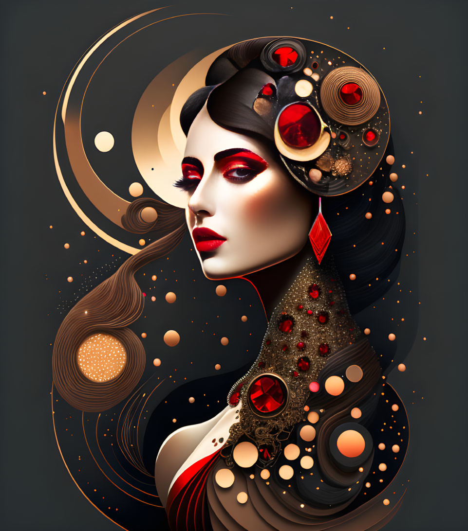 Stylized digital portrait of a woman with cosmic elements and red accents