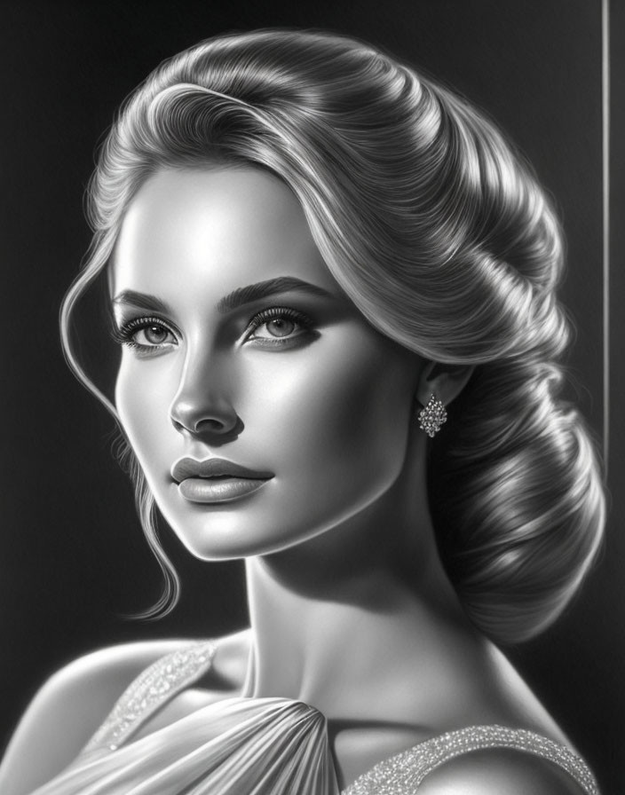 Monochrome digital portrait of a woman with elegant hair and striking eyes