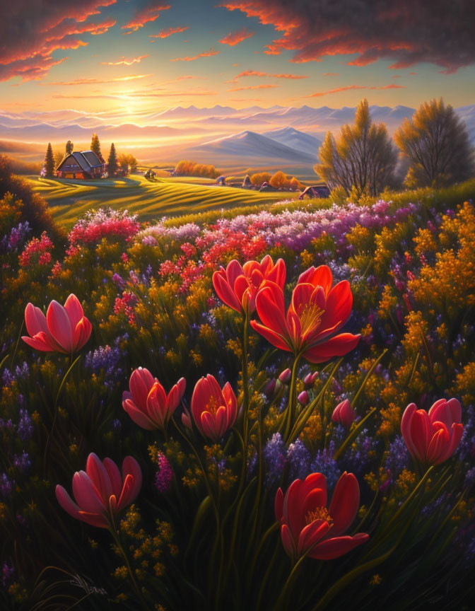 Scenic sunset landscape with red tulips, house, mountains