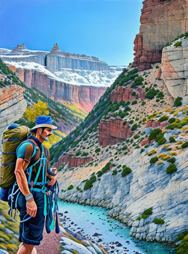 Hiker with large backpack on scenic canyon trail with steep red cliffs