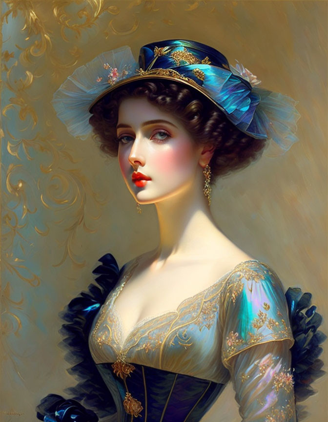 Digital painting of woman in vintage clothing with blue hat and curly hair