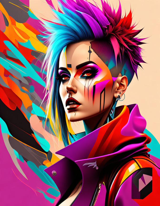 Colorful illustration of person with blue and pink spiked hair and dramatic makeup.