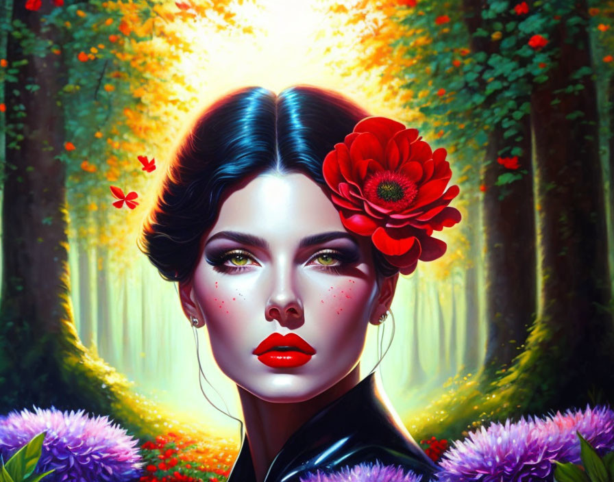 Digital artwork of woman with red flower, green eye makeup in vibrant forest with glowing light and butterflies.