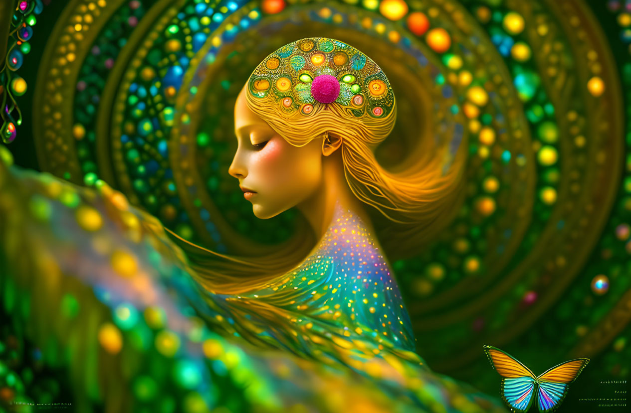 Digital artwork featuring woman with golden hair and decorative headpiece, intricate patterns, and colorful butterfly.