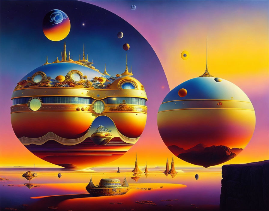 Futuristic sci-fi landscape with floating cities and space vessels