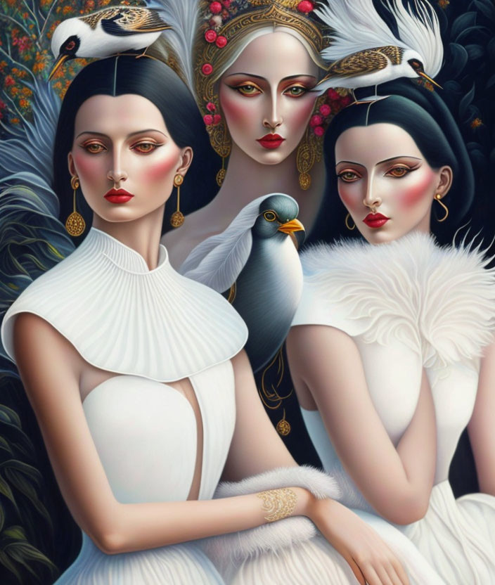 Stylized women in elegant white attire with birds and lush foliage