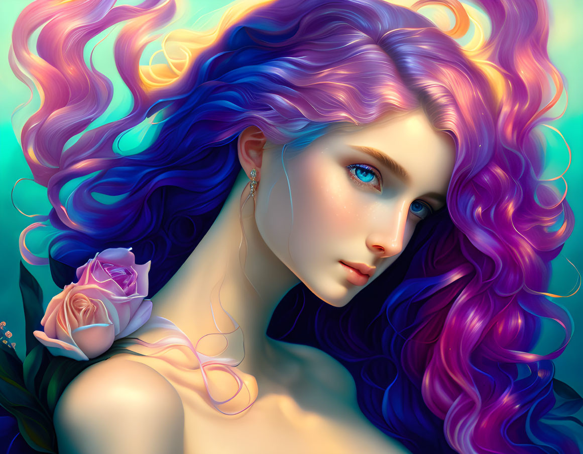 Digital artwork: Woman with vibrant purple and blue hair, blue eyes, rose on shoulder