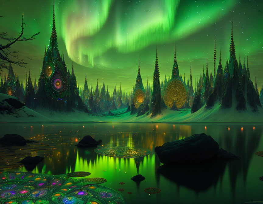 Enchanting forest scene with green aurora and luminescent patterns