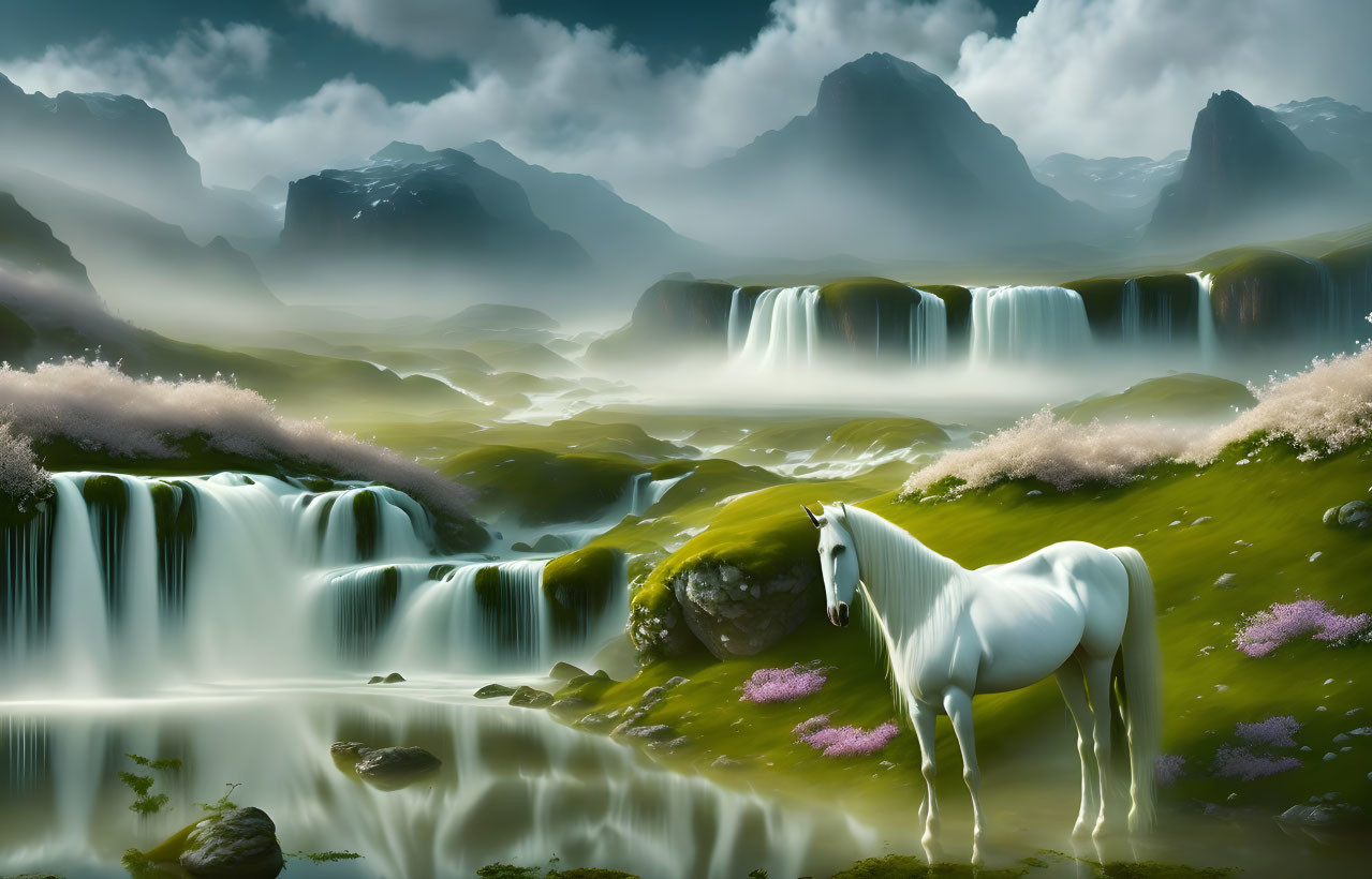 White horse by waterfalls in lush green landscape with mountains