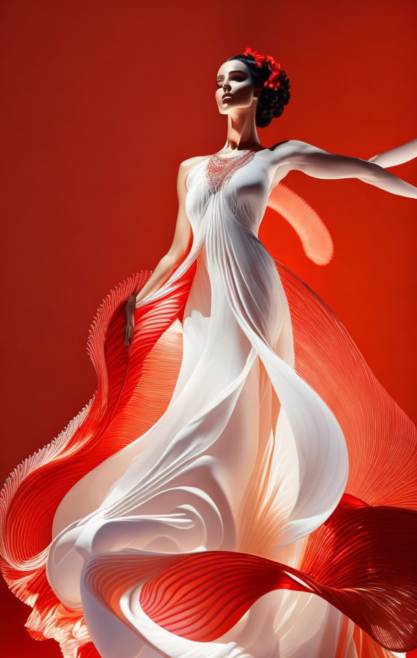 Elegant woman in white dress with red accents on dynamic red background