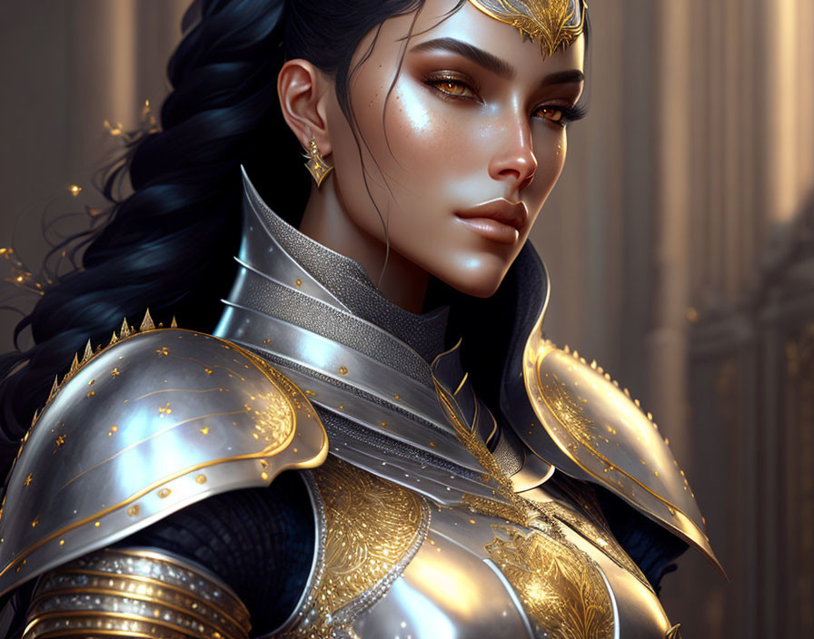 Digital artwork of woman in ornate armor exuding regal aura