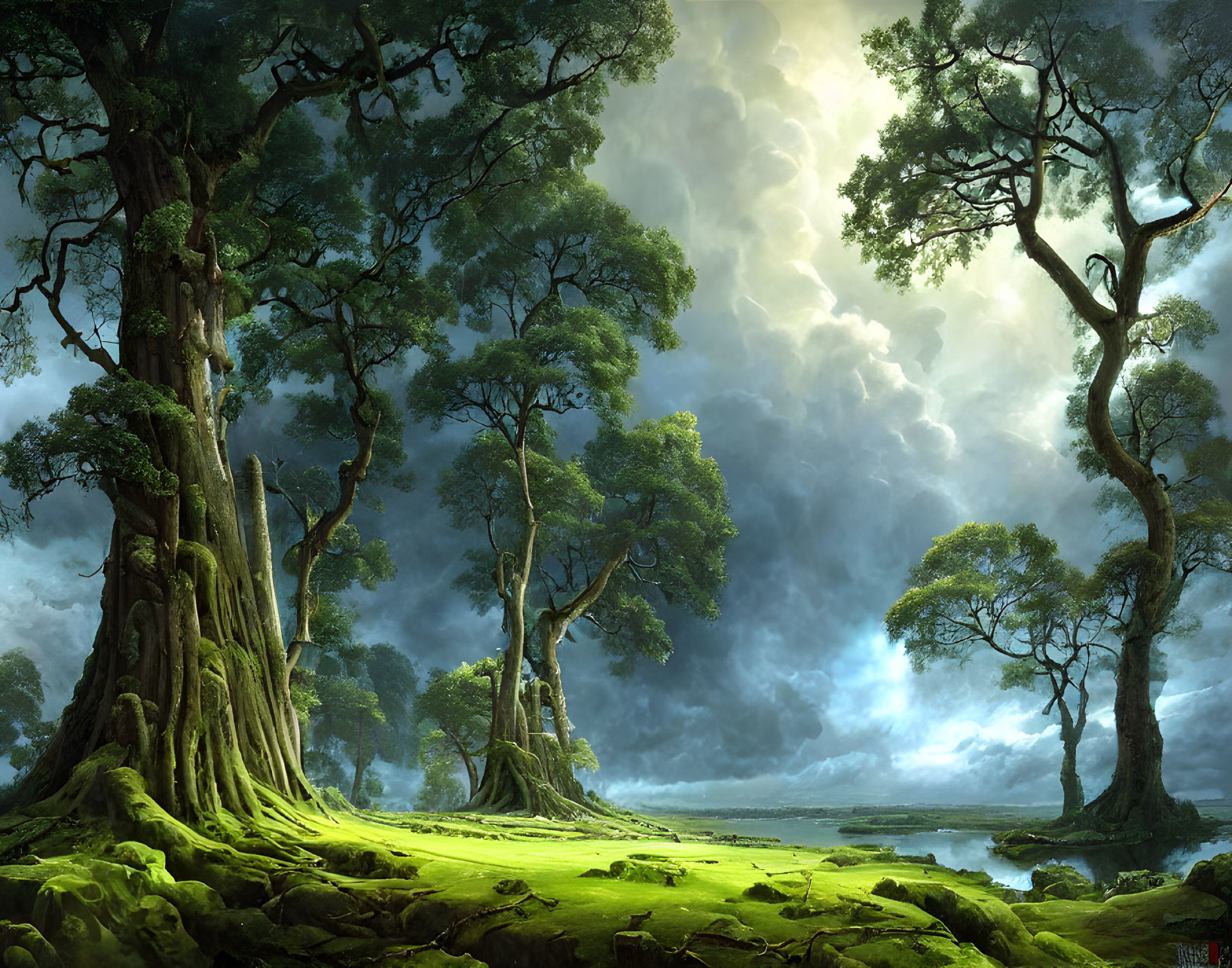 Ancient trees with sprawling roots on mossy ground under dramatic sky