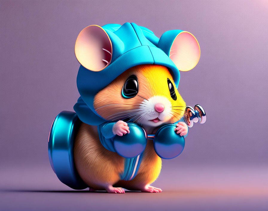 Adorable animated hamster in blue hoodie with pacifier on purple background