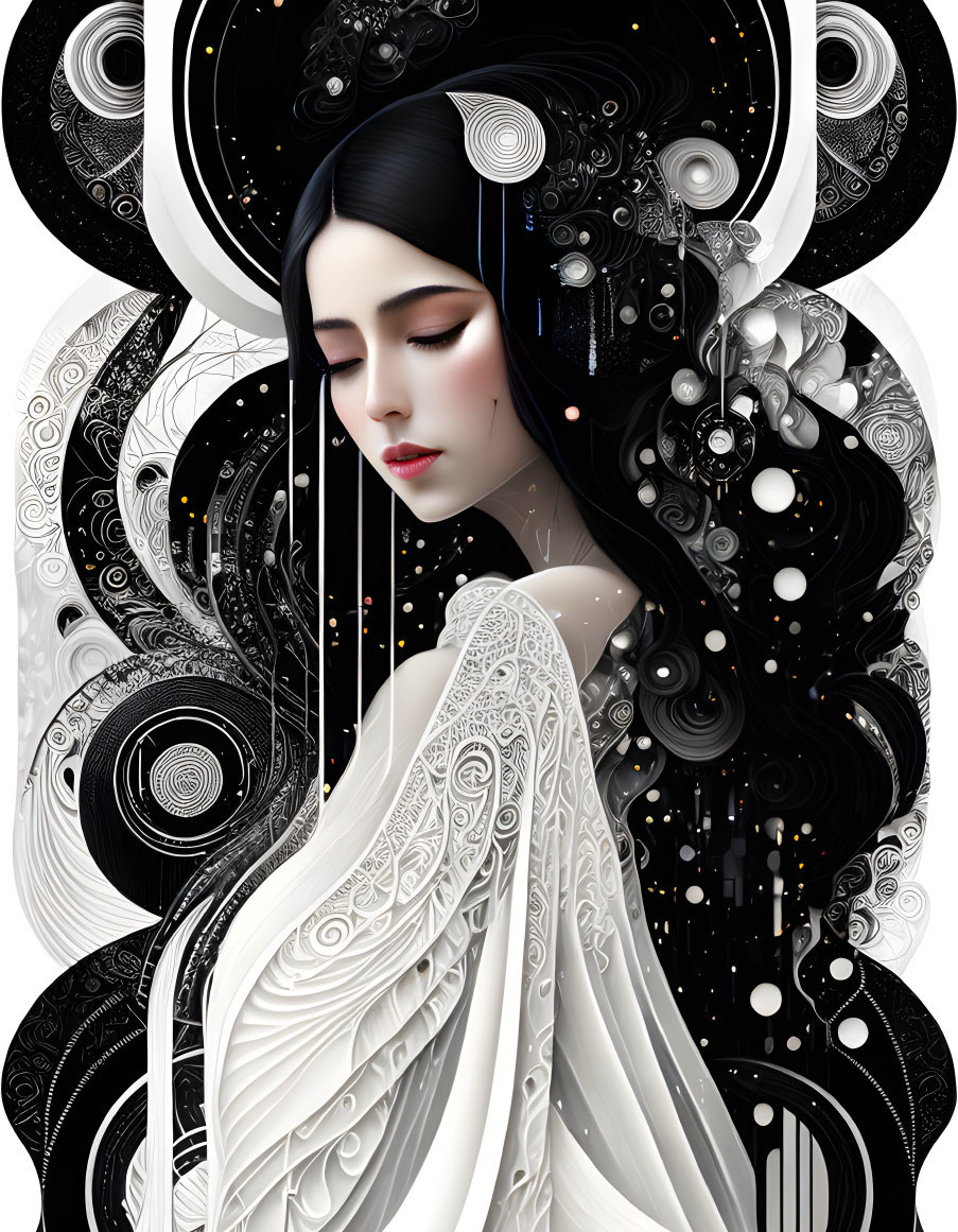 Digital artwork: Woman with dark hair in celestial and geometric patterns