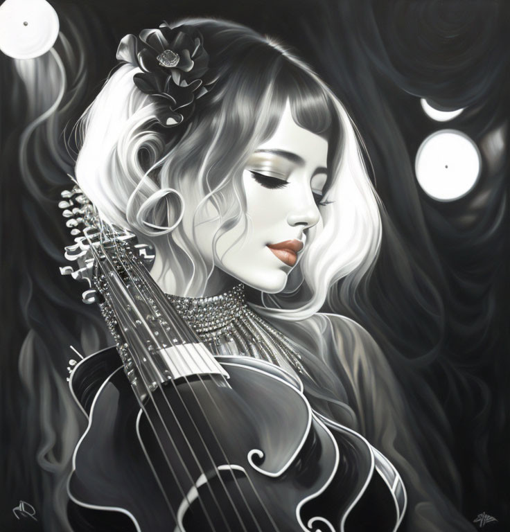 Monochromatic portrait of serene woman with flower and violin