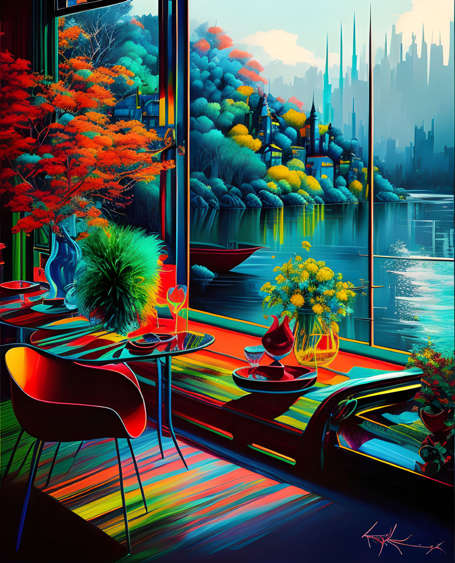 Colorful Chairs and Table in Vibrant Cafe Overlooking Futuristic Cityscape