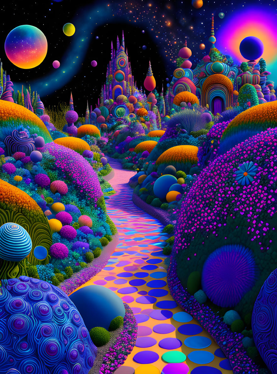 Colorful psychedelic landscape with whimsical structures and celestial bodies