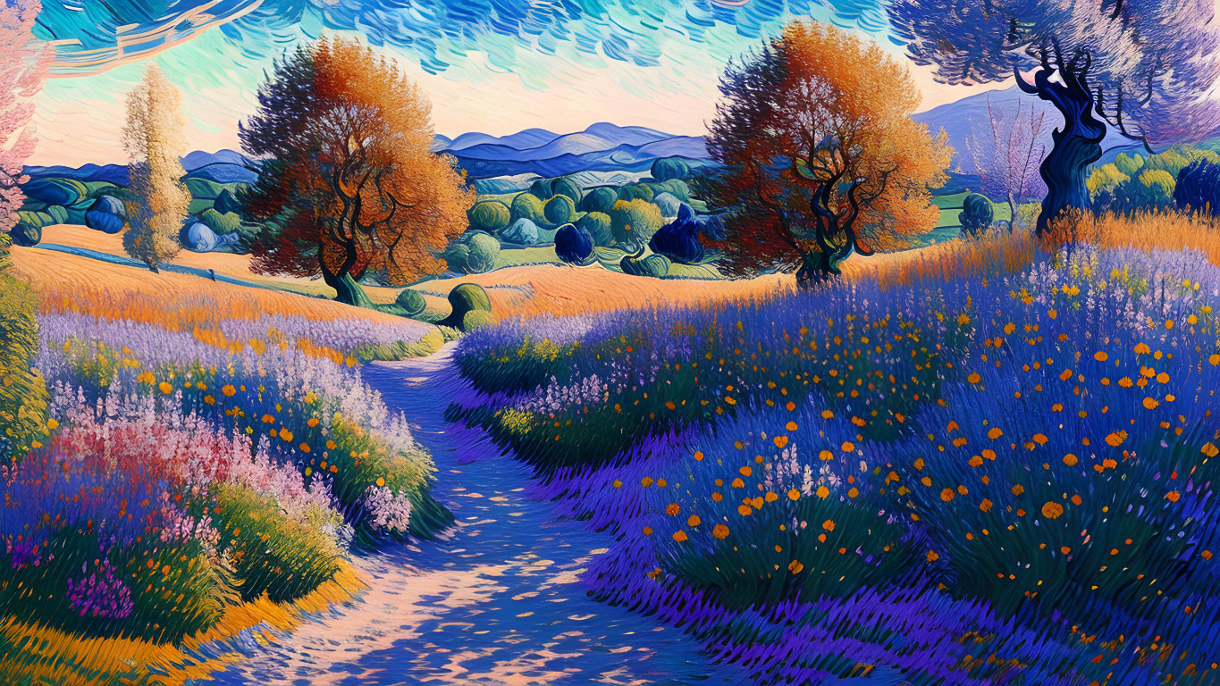 Vibrant Path Through Colorful Stylized Landscape