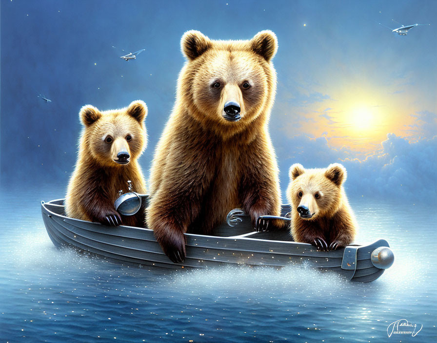 Three Bears in Boat with Surreal Starry Sky & Glowing Water