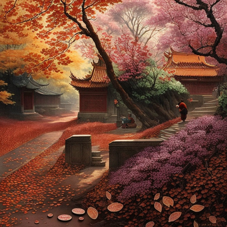 Person walking towards traditional Asian architecture in serene autumn scene