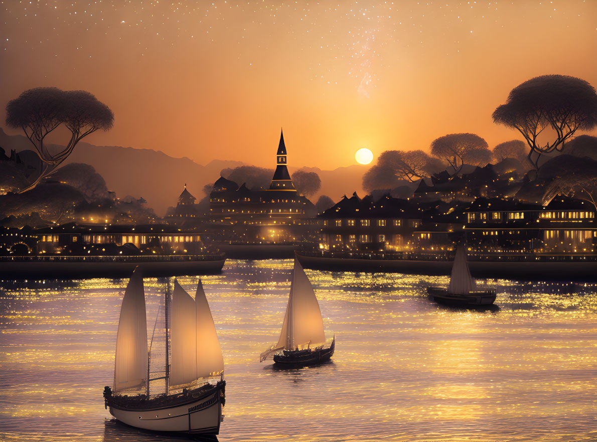 Tranquil waterfront city sunset with sailboat silhouettes, golden sky, and stars.