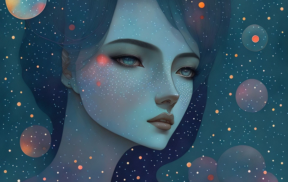 Illustration of a blue-skinned woman in cosmic setting