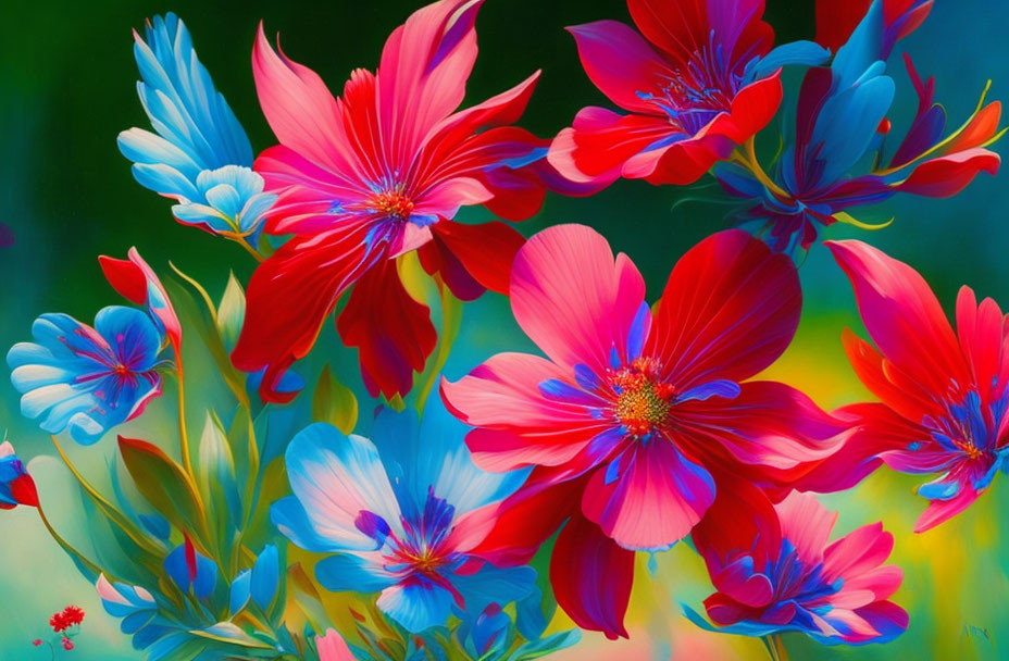 Colorful painting of red and blue flowers on lush green background