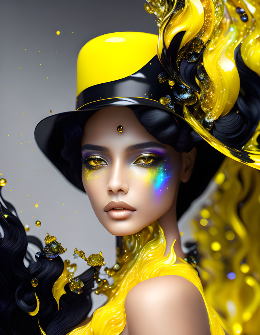 Stylized woman with yellow hat and galaxy makeup