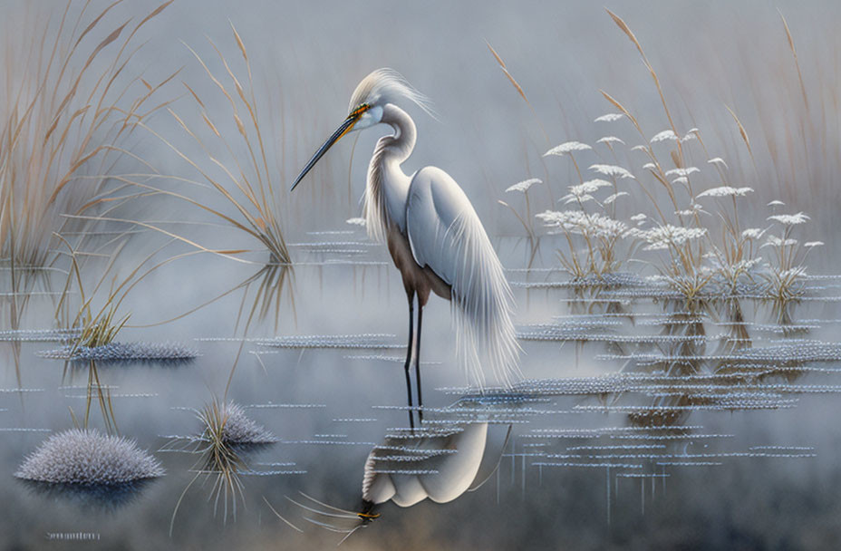 Graceful great egret in calm water with reeds and misty background