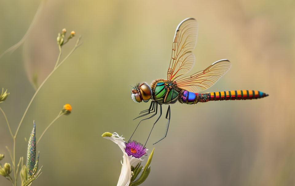 Colorful dragonfly on flower with iridescent wings in soft-focus background