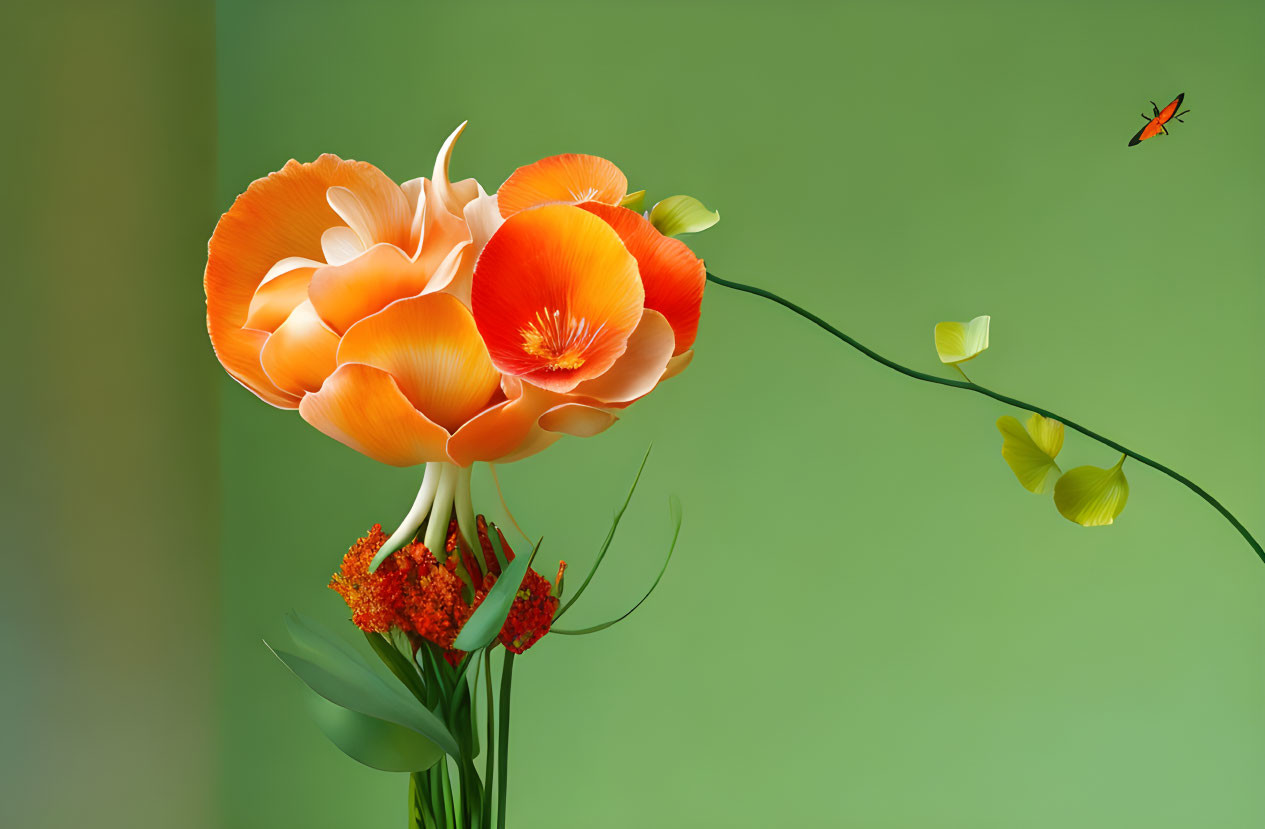 Colorful Orange Flower with Insect on Green Background