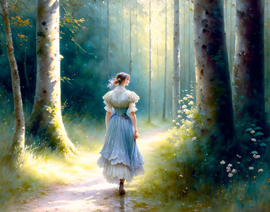 Woman in vintage dress strolling forest path with tall trees